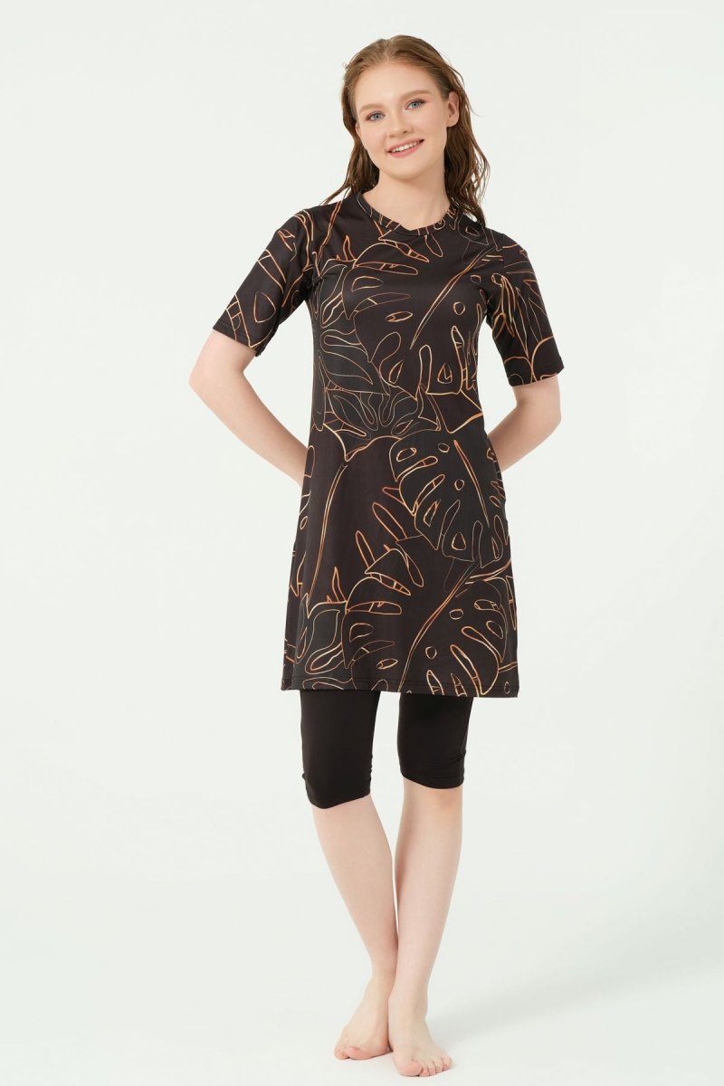 Alfasa Patterned Semi - Closed Hijab Swimsuit 24712 - 25 Orange - ihvan