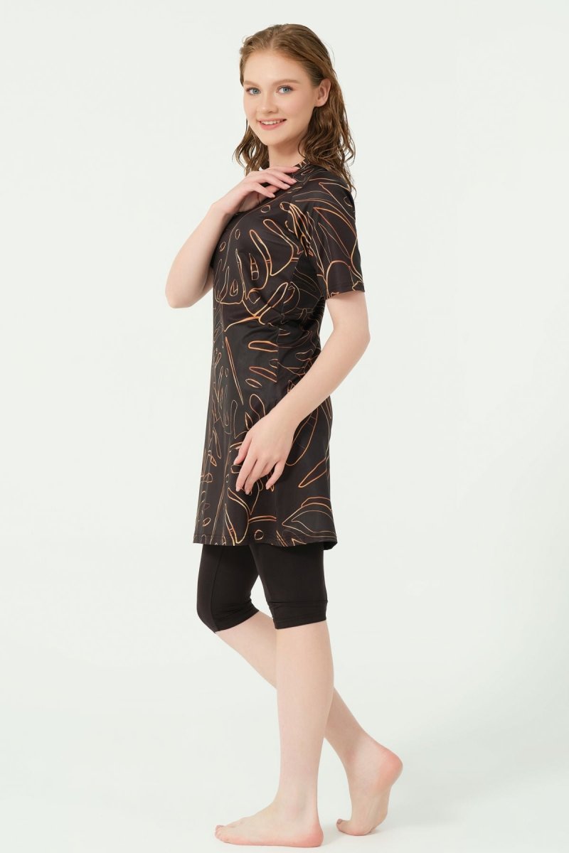 Alfasa Patterned Semi - Closed Hijab Swimsuit 24712 - 25 Orange - ihvan