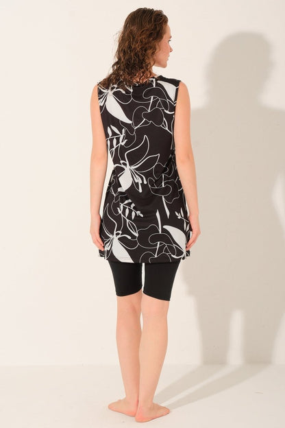Alfasa Patterned Sleeveless Semi - Closed Swimsuit Black 26809 - 26 - ihvan