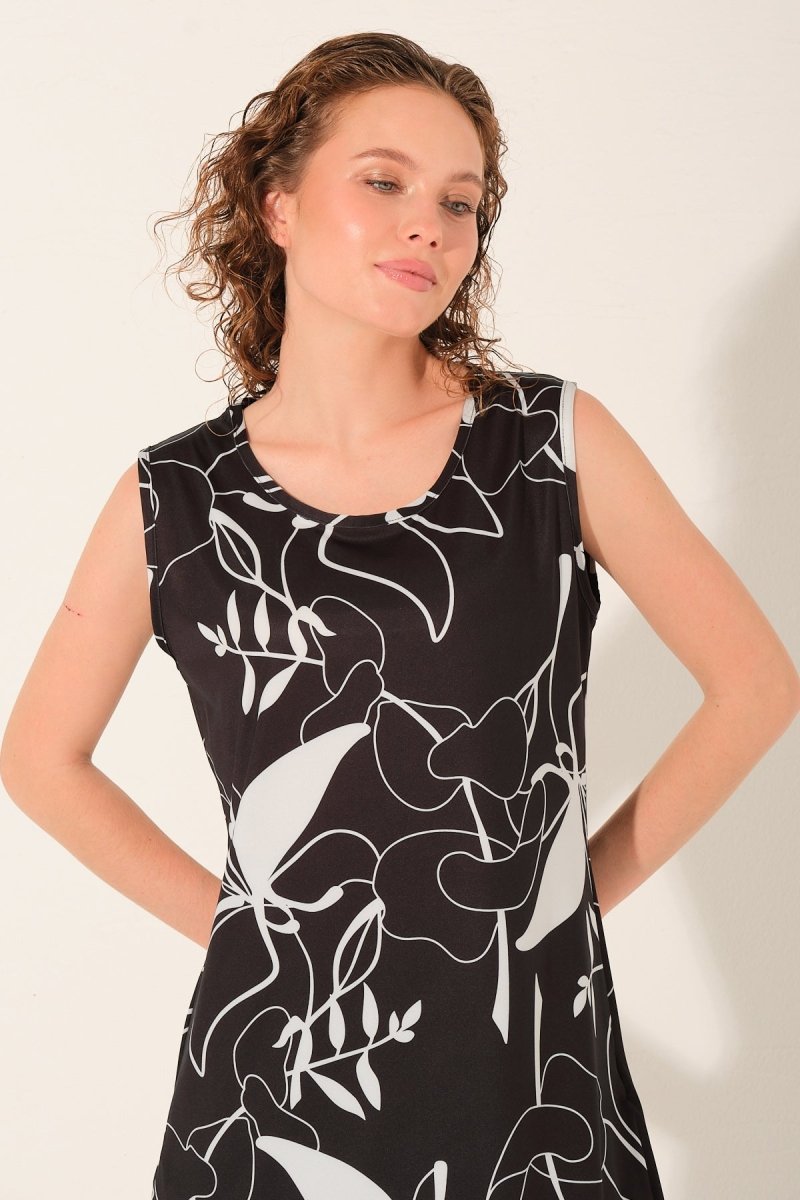 Alfasa Patterned Sleeveless Semi - Closed Swimsuit Black 26809 - 26 - ihvan