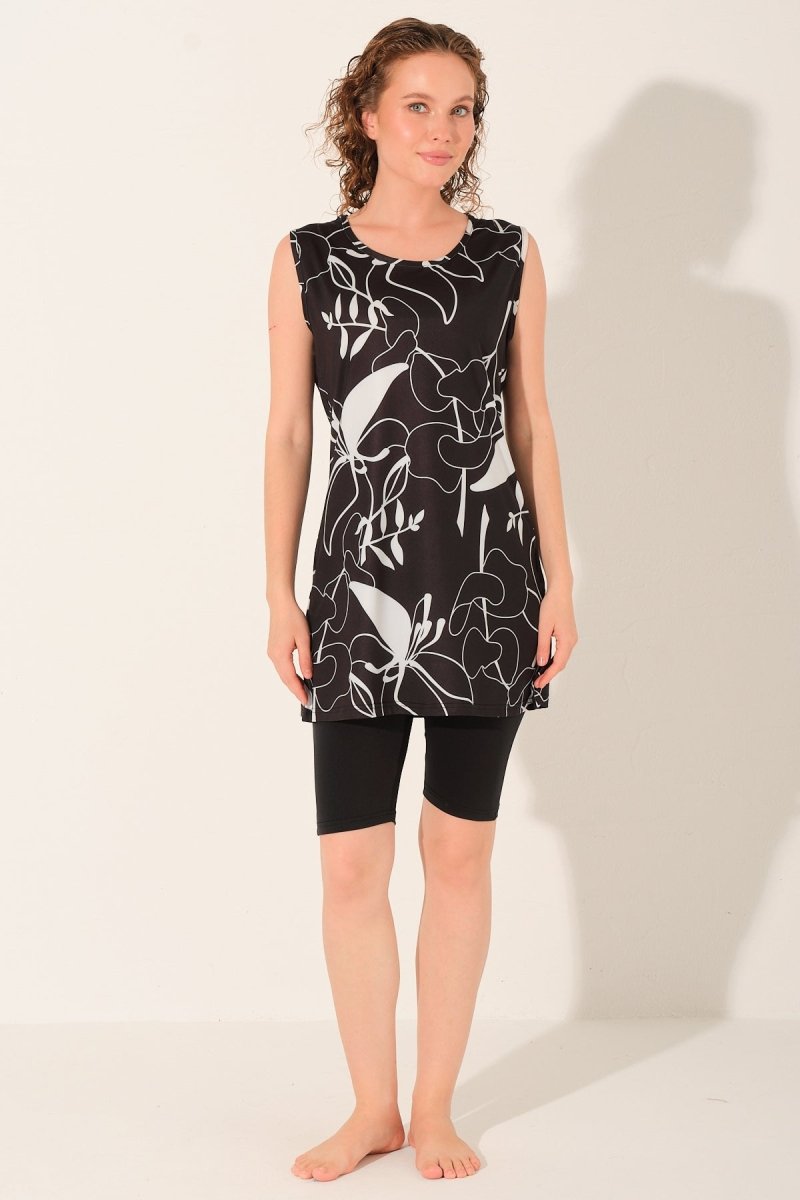Alfasa Patterned Sleeveless Semi - Closed Swimsuit Black 26809 - 26 - ihvan