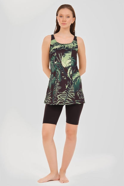 Alfasa Patterned Strappy Semi - Closed Swimsuit 24902 Green - ihvan