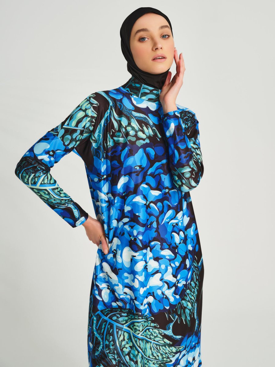 Alfasa Patterned Top Comfortable Loose Fit Plus Size Full Coverage Swimsuit – Water Repellent, High Neck - 24622 - 25 - ihvan