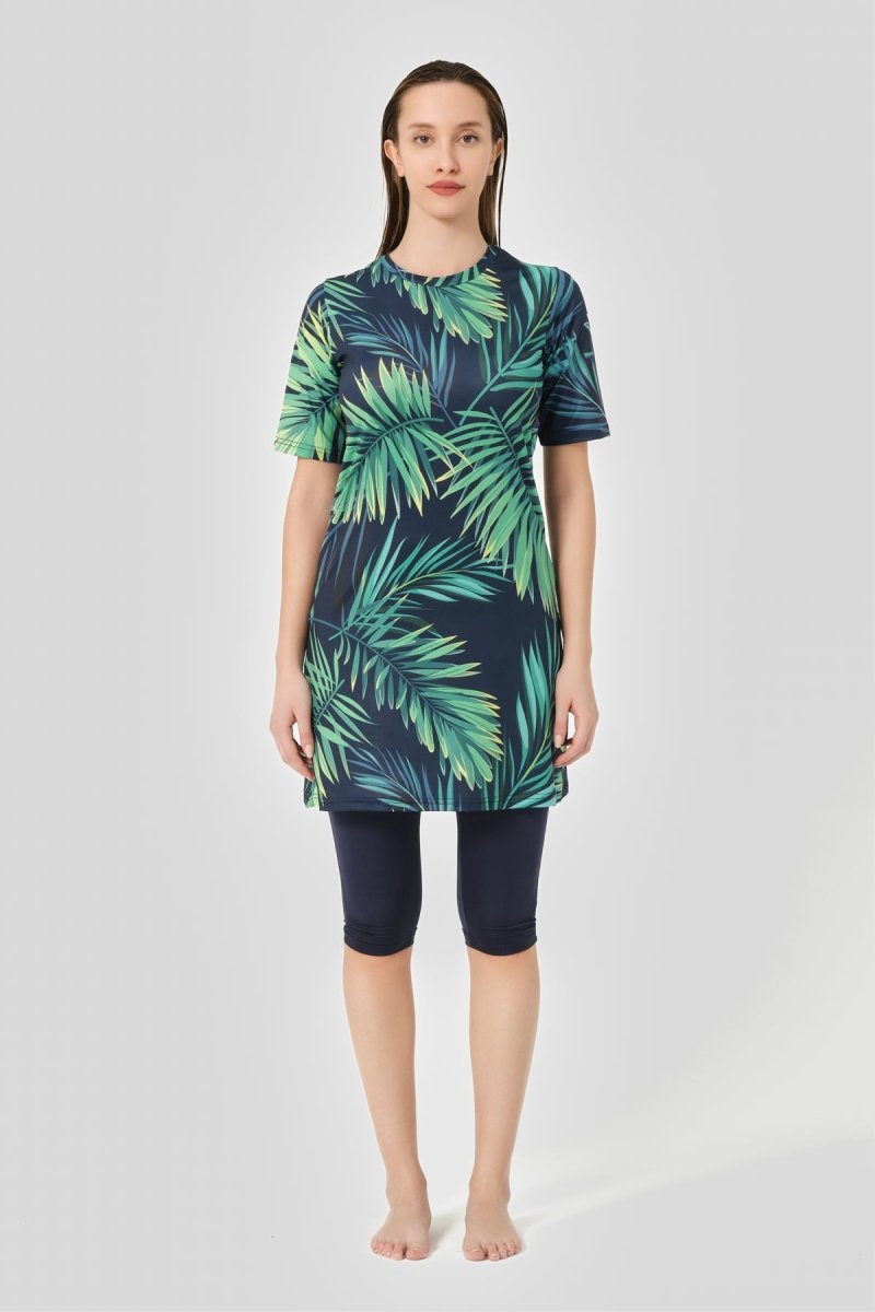 Alfasa Patterned Top Semi-Covered Burkini 24712-25 Navy Blue - ihvan