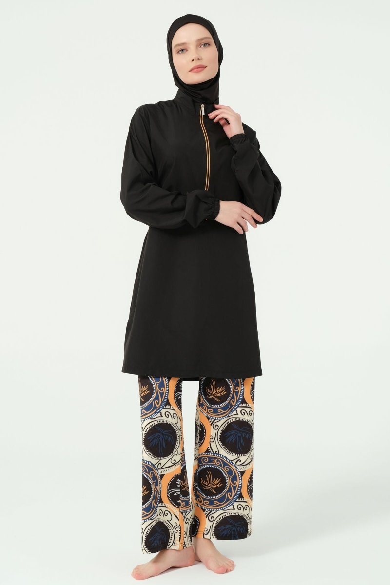 Alfasa Patterned Trousers, Half - Zip, High - Neck, Full Coverage Swimsuit - 25311 - 25 - ihvan