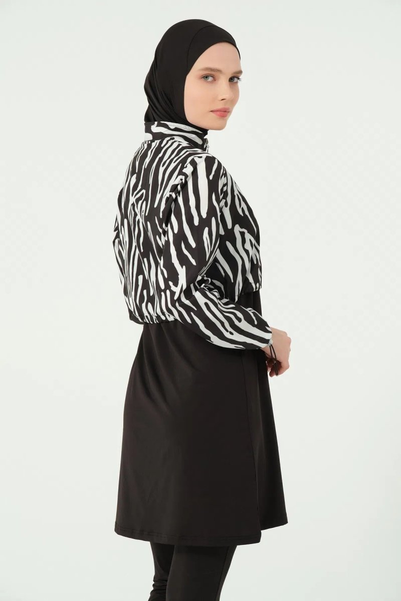 Alfasa Patterned Zip - Up Crop Full Coverage Hijab Swimsuit 25296 - 25 Black - ihvan