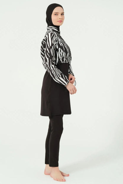 Alfasa Patterned Zip - Up Crop Full Coverage Hijab Swimsuit 25296 - 25 Black - ihvan