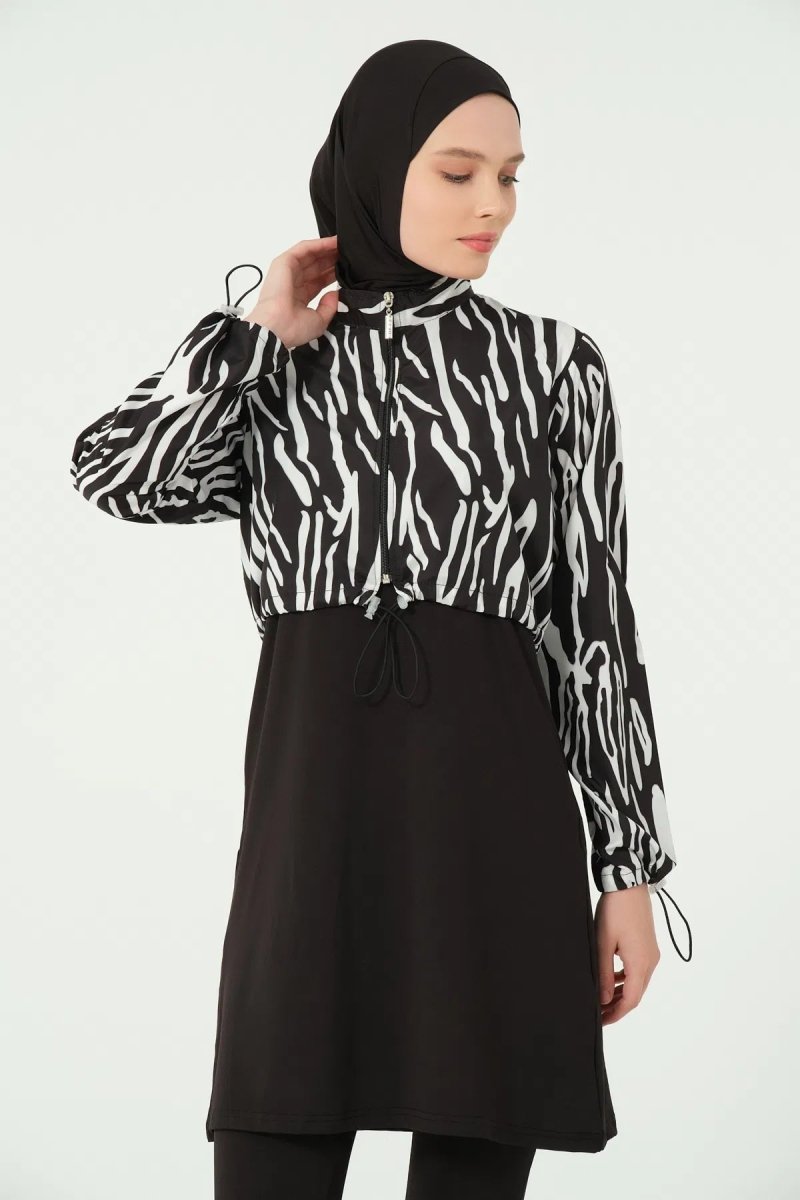 Alfasa Patterned Zip - Up Crop Full Coverage Hijab Swimsuit 25296 - 25 Black - ihvan