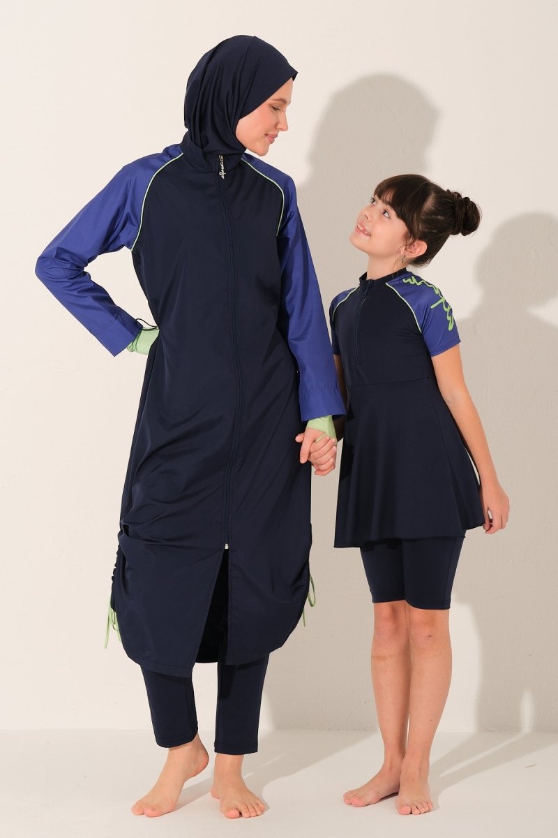Alfasa Printed Trimmed Short Sleeve Kids Swimsuit with Zipper 26130 - 26 Navy Blue - ihvan