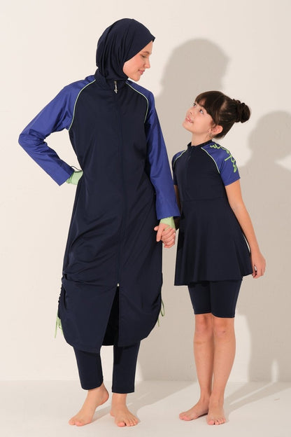 Alfasa Printed Trimmed Short Sleeve Kids Swimsuit with Zipper 26130 - 26 Navy Blue - ihvan