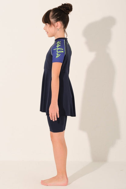Alfasa Printed Trimmed Short Sleeve Kids Swimsuit with Zipper 26130 - 26 Navy Blue - ihvan