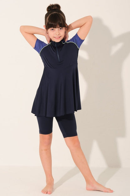 Alfasa Printed Trimmed Short Sleeve Kids Swimsuit with Zipper 26130 - 26 Navy Blue - ihvan