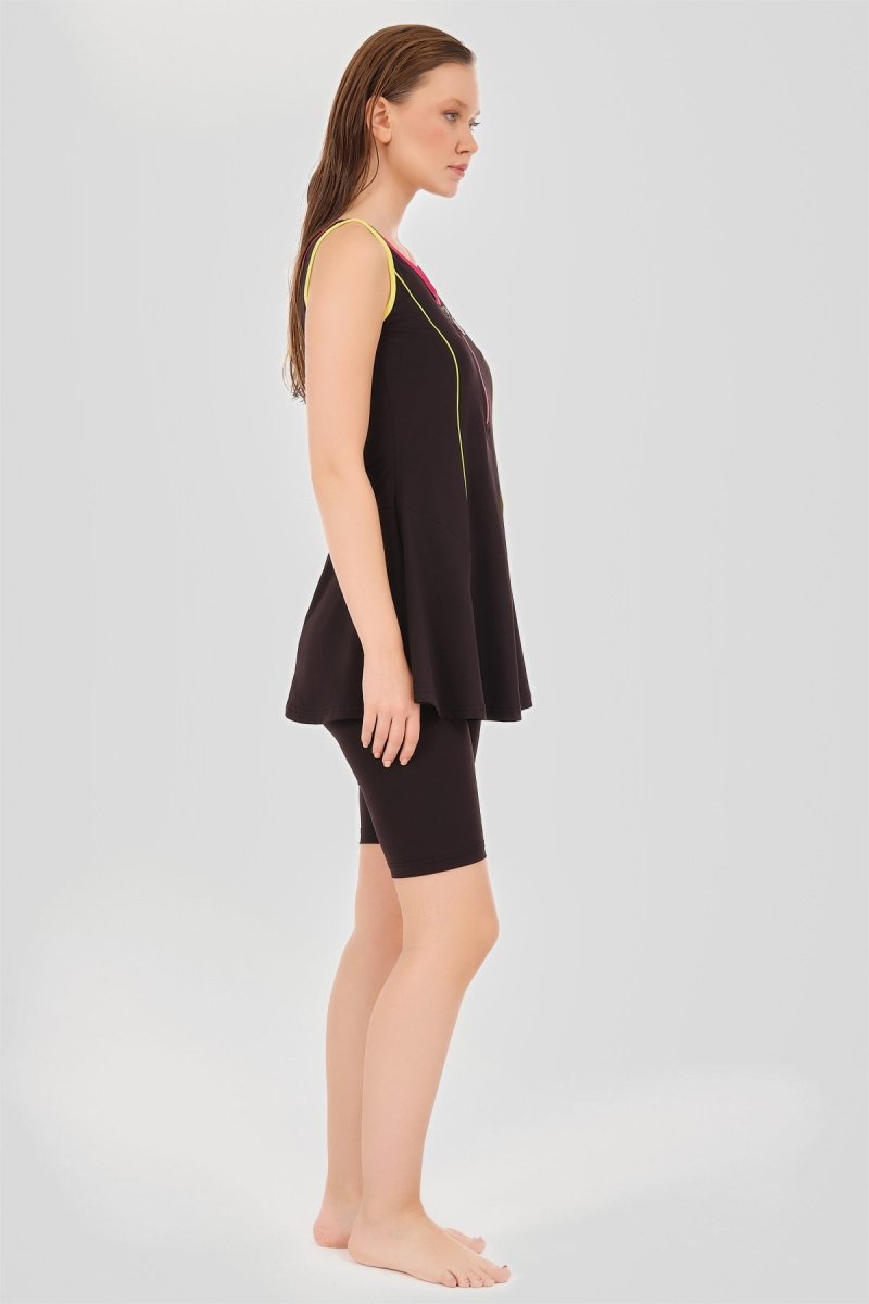 Alfasa Quick - Drying, Colorful Trimmed, Strappy, Semi - Closed Swimsuit, Black - 24904 - 25 - ihvan