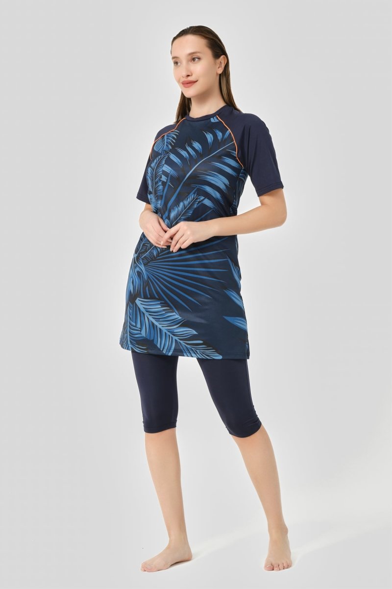 Alfasa Quick - Drying Patterned Raglan Plus Size Short Sleeve Semi - Closed Modest Swimsuit Navy Blue - 24708 - B - 25 - ihvan