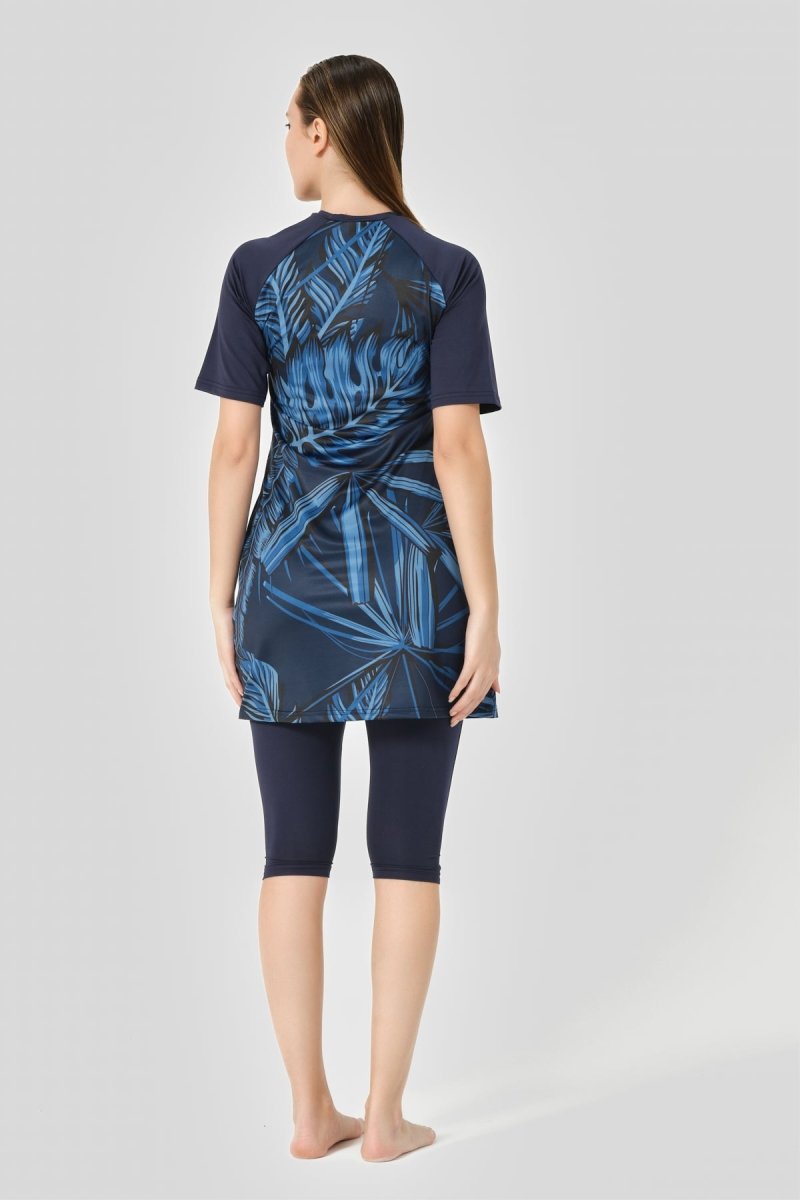 Alfasa Quick - Drying Patterned Raglan Plus Size Short Sleeve Semi - Closed Modest Swimsuit Navy Blue - 24708 - B - 25 - ihvan