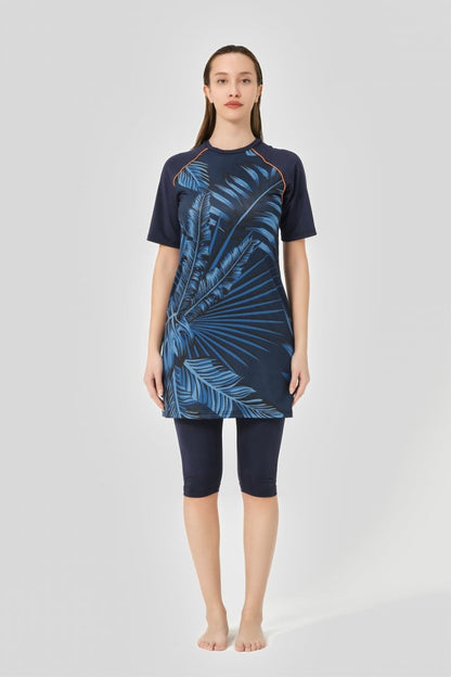 Alfasa Quick - Drying Patterned Raglan Plus Size Short Sleeve Semi - Closed Modest Swimsuit Navy Blue - 24708 - B - 25 - ihvan