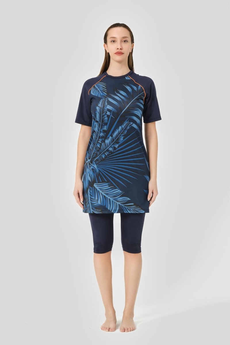 Alfasa Quick - Drying Patterned Raglan Plus Size Short Sleeve Semi - Closed Modest Swimsuit Navy Blue - 24708 - B - 25 - ihvan