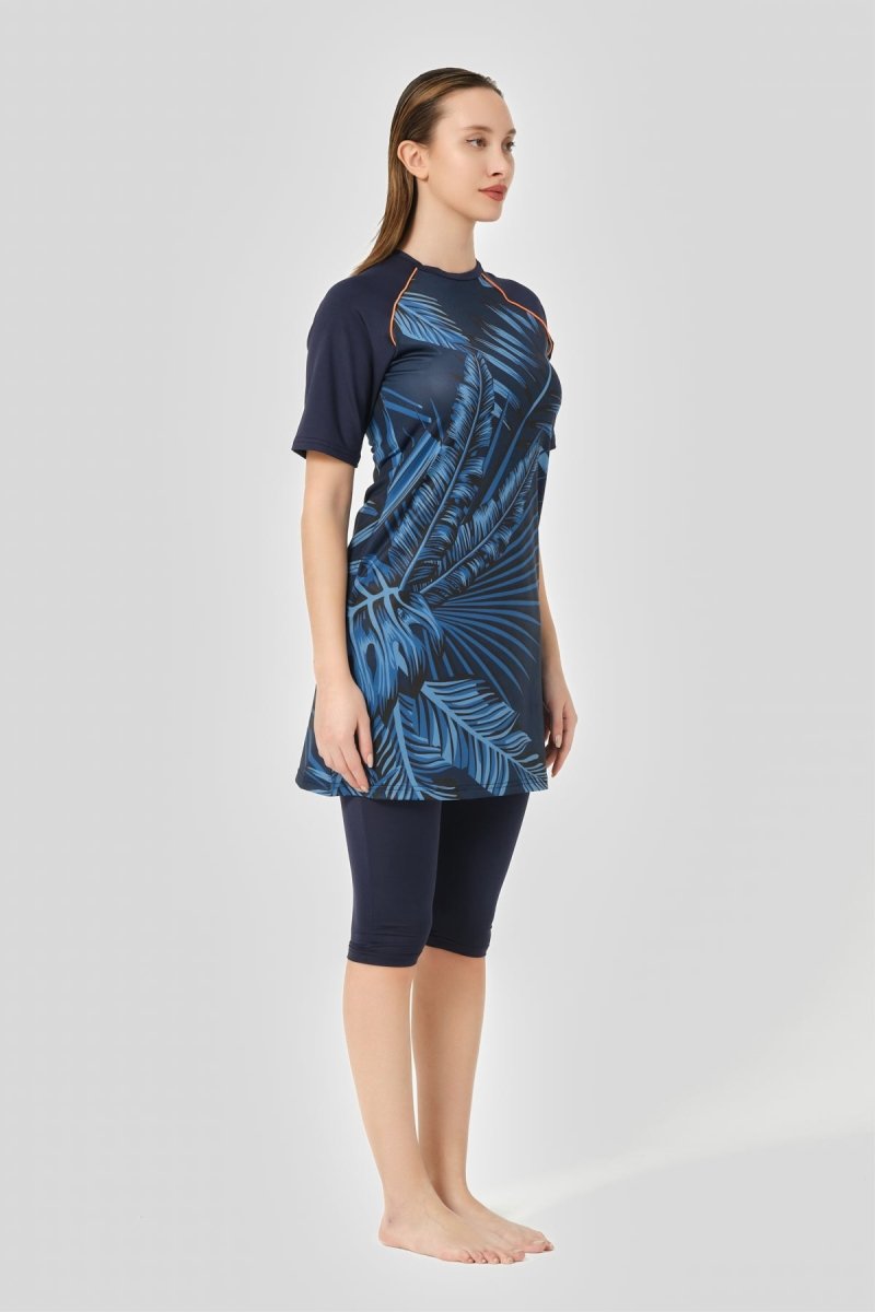 Alfasa Quick - Drying Patterned Raglan Plus Size Short Sleeve Semi - Closed Modest Swimsuit Navy Blue - 24708 - B - 25 - ihvan