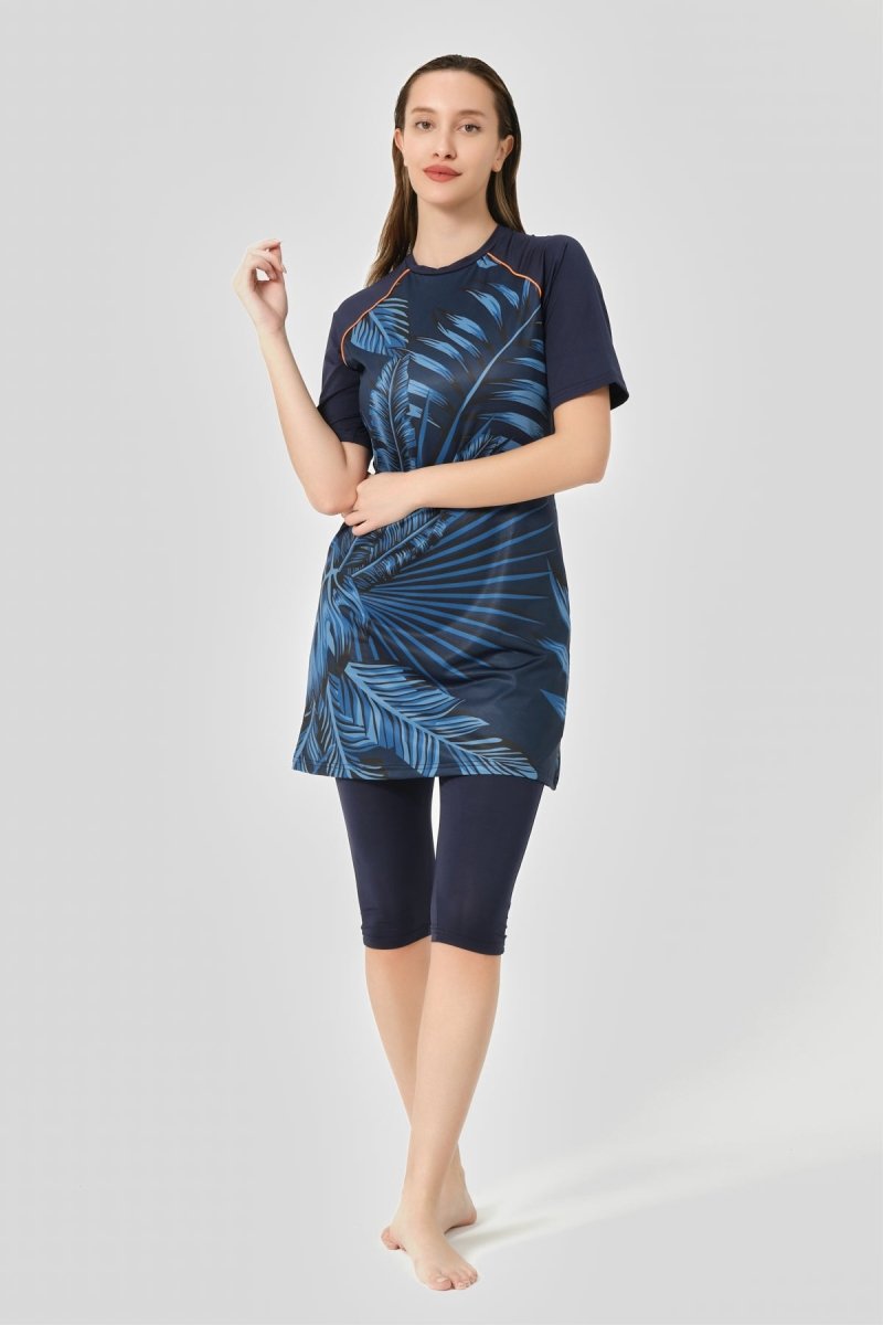 Alfasa Quick - Drying Patterned Raglan Plus Size Short Sleeve Semi - Closed Modest Swimsuit Navy Blue - 24708 - B - 25 - ihvan