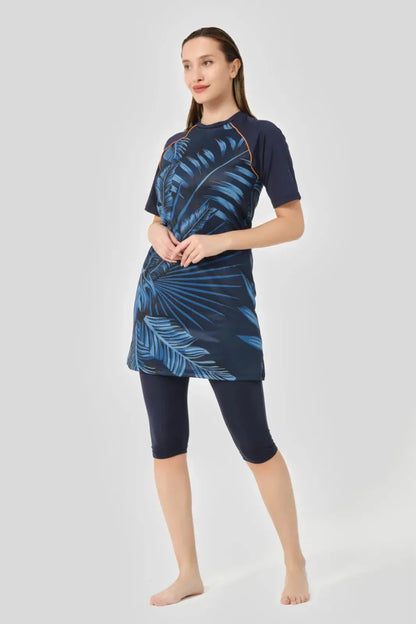 Alfasa Quick-Drying Patterned Raglan Short-Sleeve Semi-Closed Hijab Swimsuit 24708-25 Navy Blue - ihvan