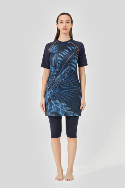 Alfasa Quick-Drying Patterned Raglan Short-Sleeve Semi-Closed Hijab Swimsuit 24708-25 Navy Blue - ihvan