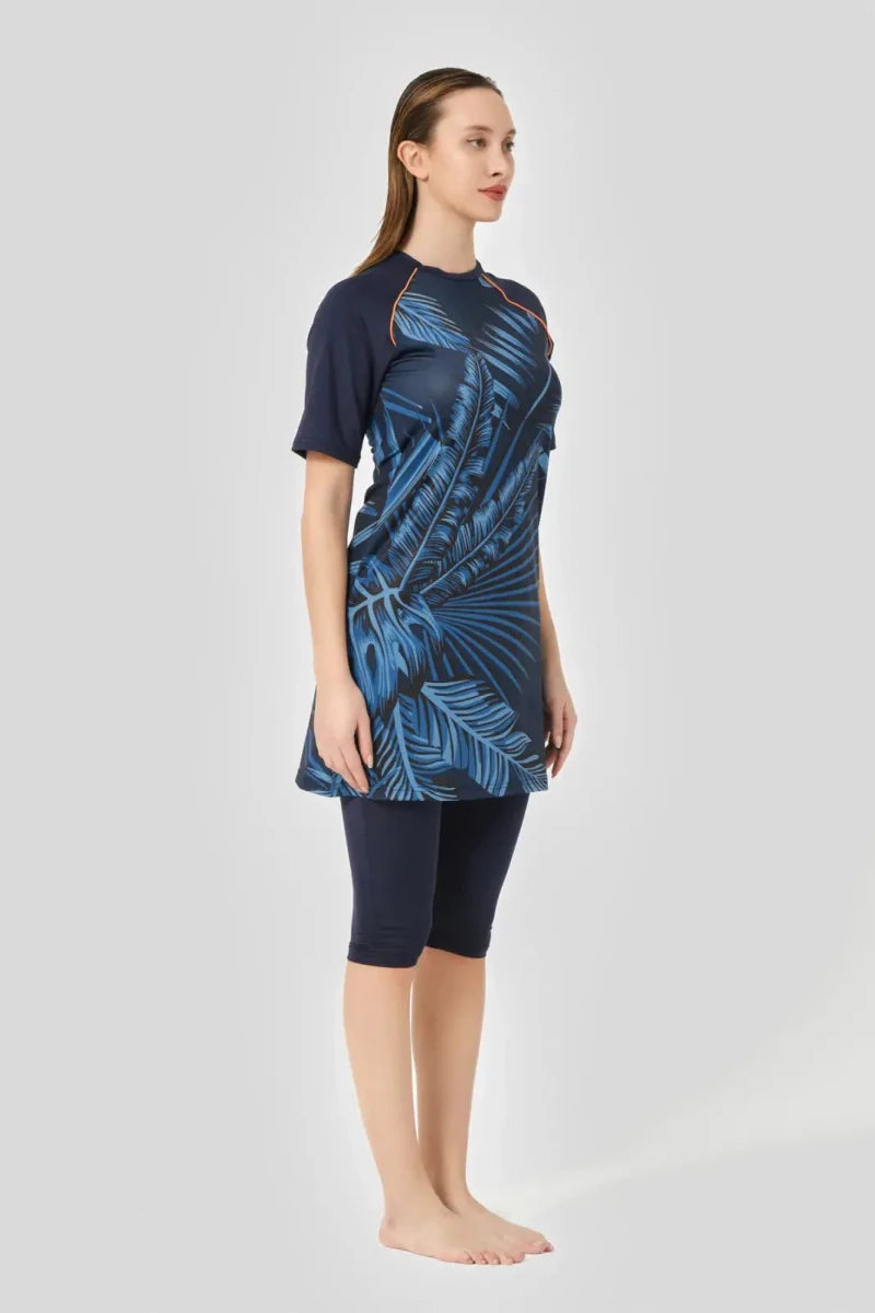 Alfasa Quick-Drying Patterned Raglan Short-Sleeve Semi-Closed Hijab Swimsuit 24708-25 Navy Blue - ihvan