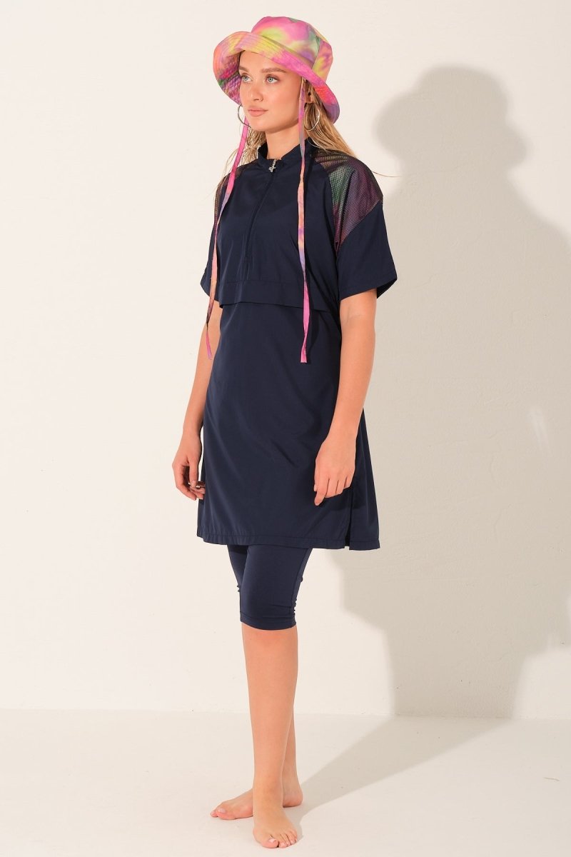 Alfasa Raglan Sleeve Detail Hooded Half - Sleeve Semi - Closed Swimsuit Navy Blue 26725 - 26 - ihvan