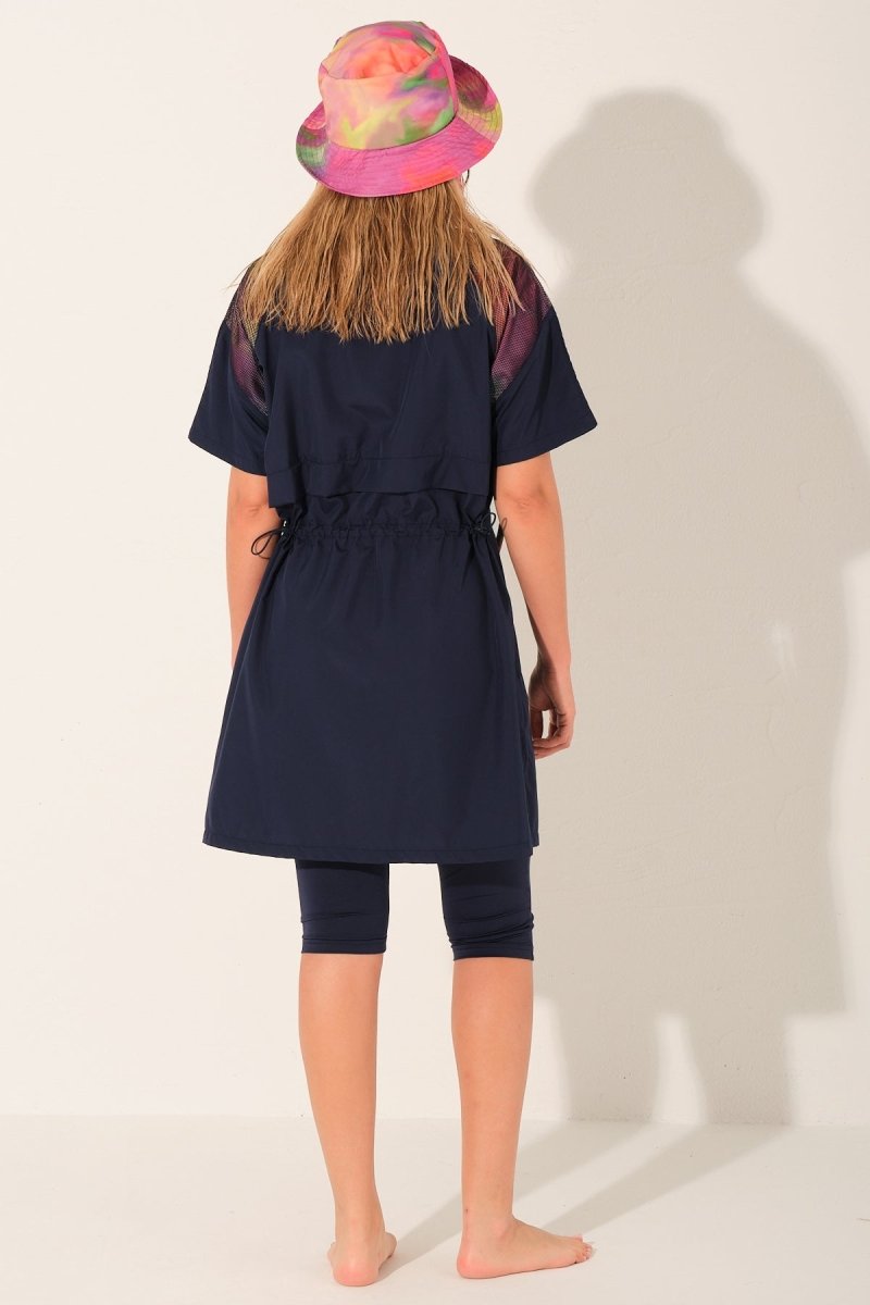 Alfasa Raglan Sleeve Detail Hooded Half - Sleeve Semi - Closed Swimsuit Navy Blue 26725 - 26 - ihvan