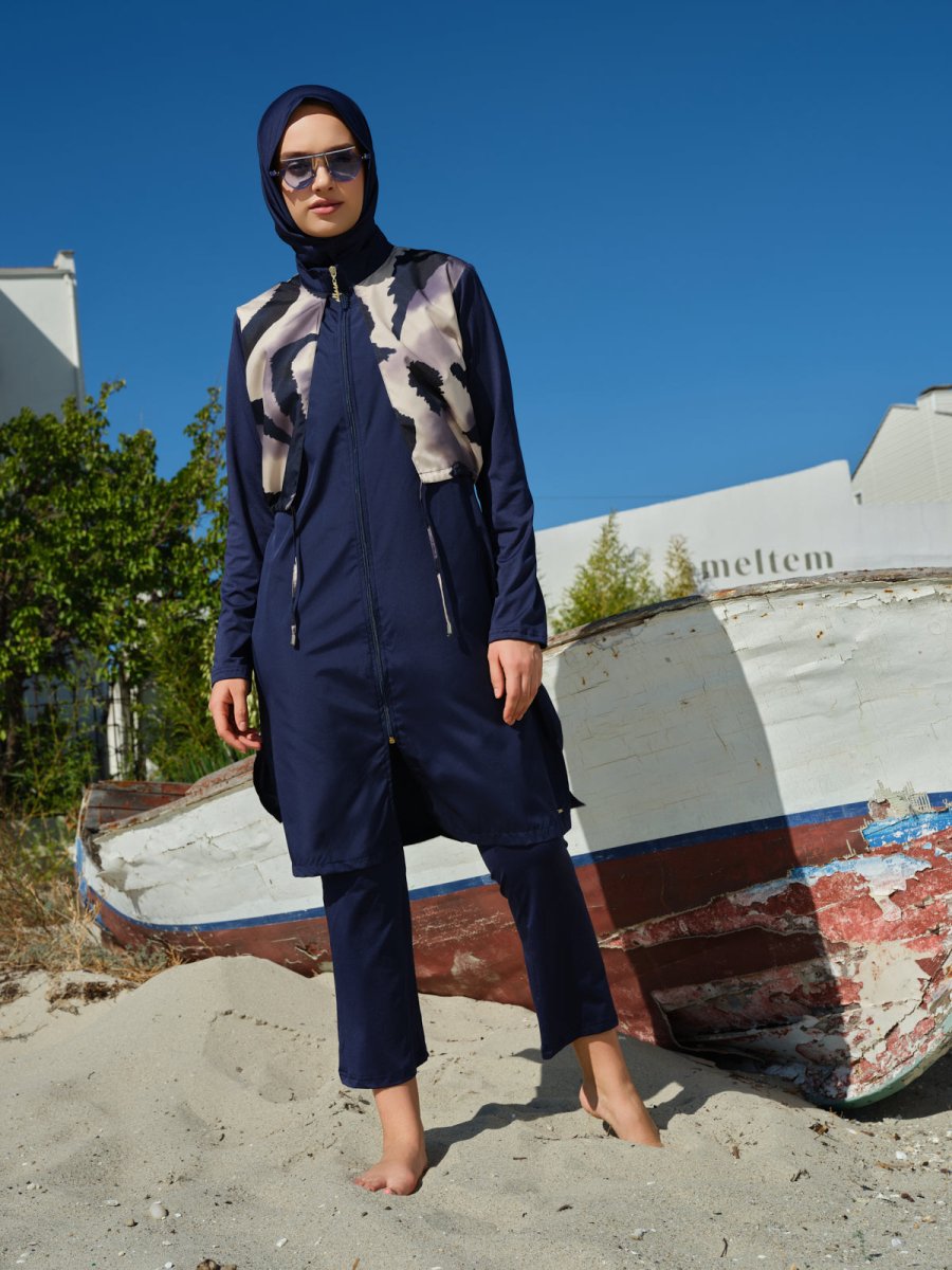 Alfasa Rivella Crop - Look Full Coverage Hijab Swimsuit 26405 - 26 Navy Blue - ihvan