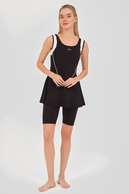 Alfasa Semi - Closed Swimsuit Tennis Strappy Shorts with White Stripe Detail Black 24903 - 26 - ihvan