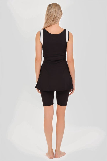 Alfasa Semi - Closed Swimsuit Tennis Strappy Shorts with White Stripe Detail Black 24903 - 26 - ihvan