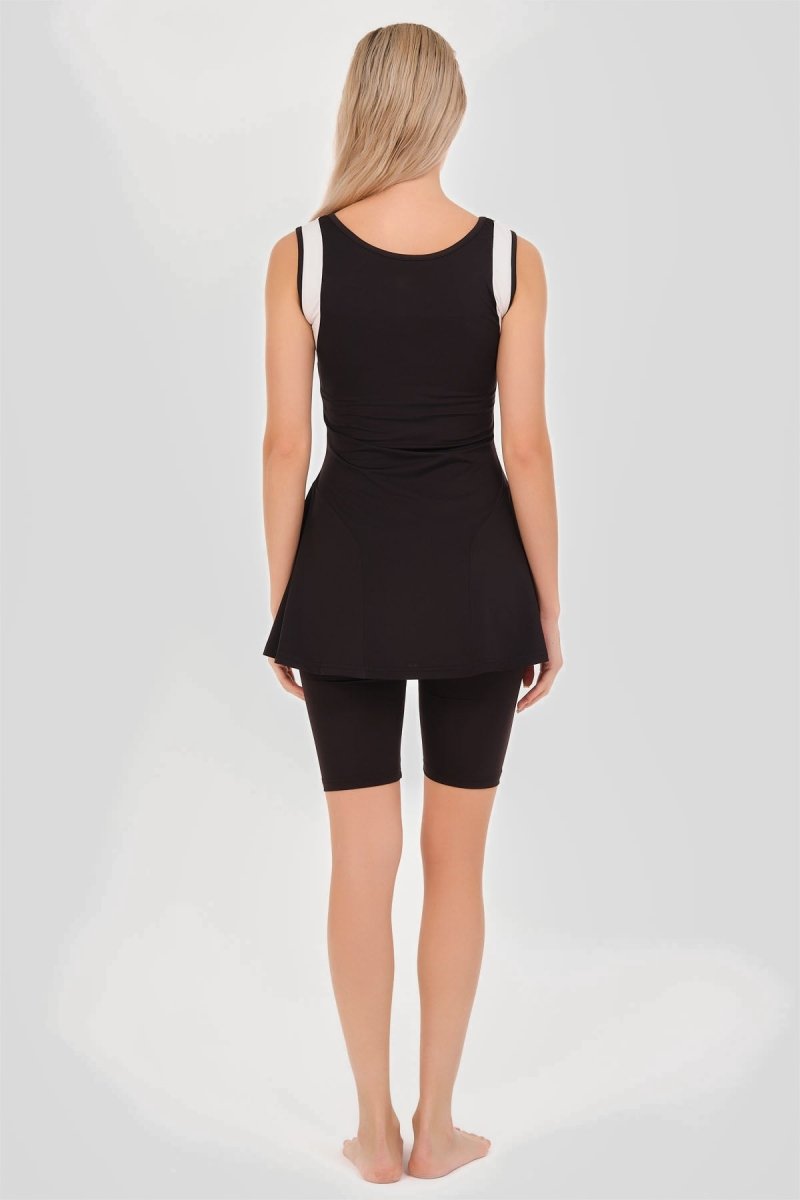 Alfasa Semi - Closed Swimsuit Tennis Strappy Shorts with White Stripe Detail Black 24903 - 26 - ihvan