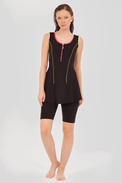 Alfasa Semi - Closed Swimsuit with Strappy Shorts and Colorful Piping Embellishments, Black 24904 - 26 - ihvan