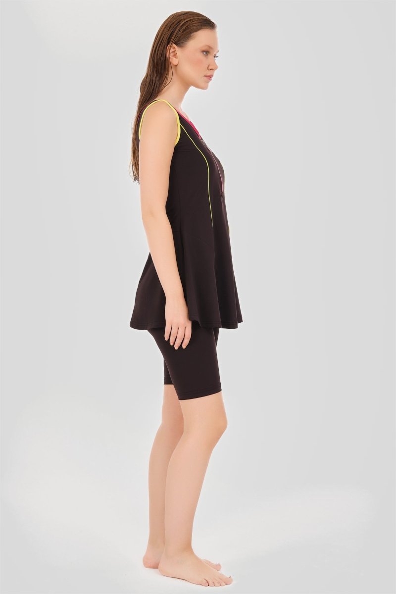 Alfasa Semi - Closed Swimsuit with Strappy Shorts and Colorful Piping Embellishments, Black 24904 - 26 - ihvan