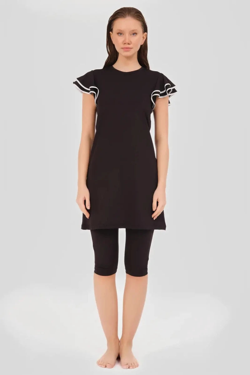 Alfasa Semi - Closed Swimsuit with Valon Sleeves, Ruffled Shorts, Black 24702 - 26 - ihvan