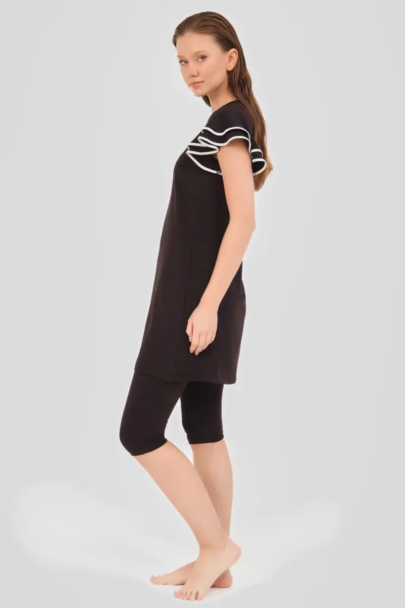 Alfasa Semi - Closed Swimsuit with Valon Sleeves, Ruffled Shorts, Black 24702 - 26 - ihvan