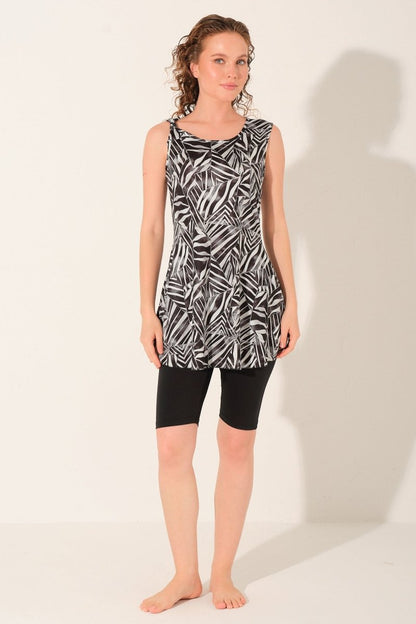 Alfasa Sevina Patterned Sleeveless Semi - Closed Swimsuit with Leggings Black 26805 - 26 - ihvan
