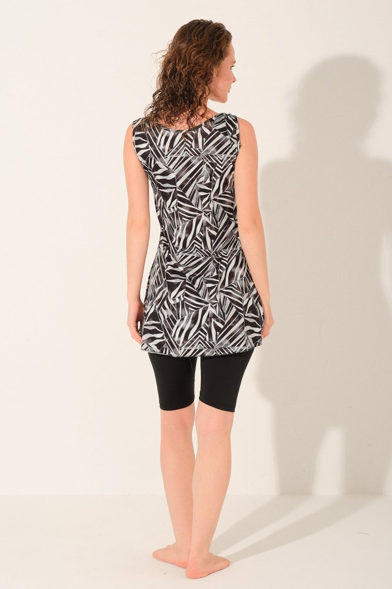 Alfasa Sevina Patterned Sleeveless Semi - Closed Swimsuit with Leggings Black 26805 - 26 - ihvan