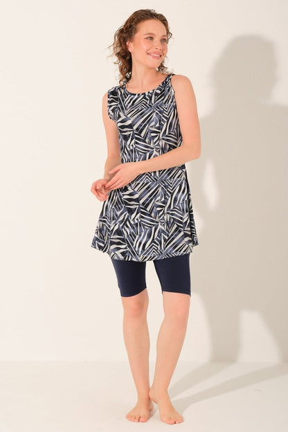 Alfasa Sevina Patterned Sleeveless Semi - Closed Swimsuit with Leggings, Navy Blue 26805 - 26 - ihvan