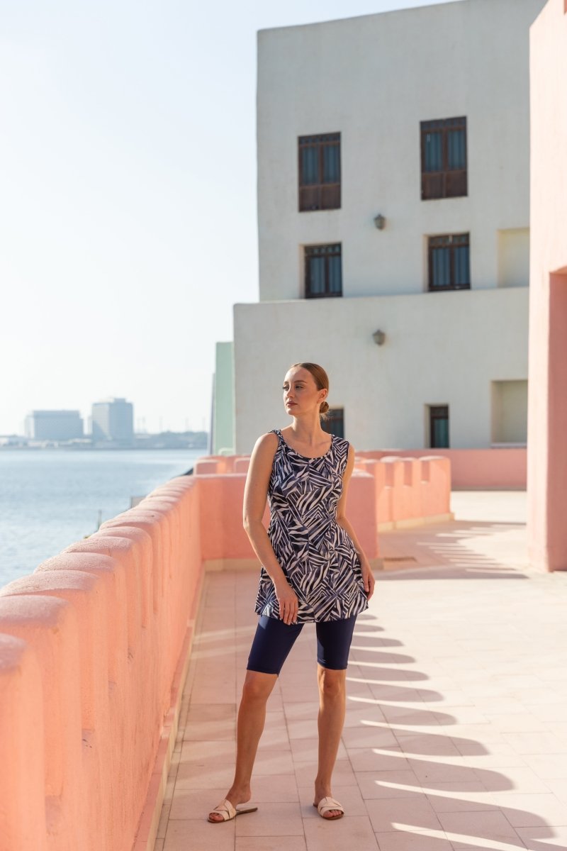 Alfasa Sevina Patterned Sleeveless Semi - Closed Swimsuit with Leggings, Navy Blue 26805 - 26 - ihvan