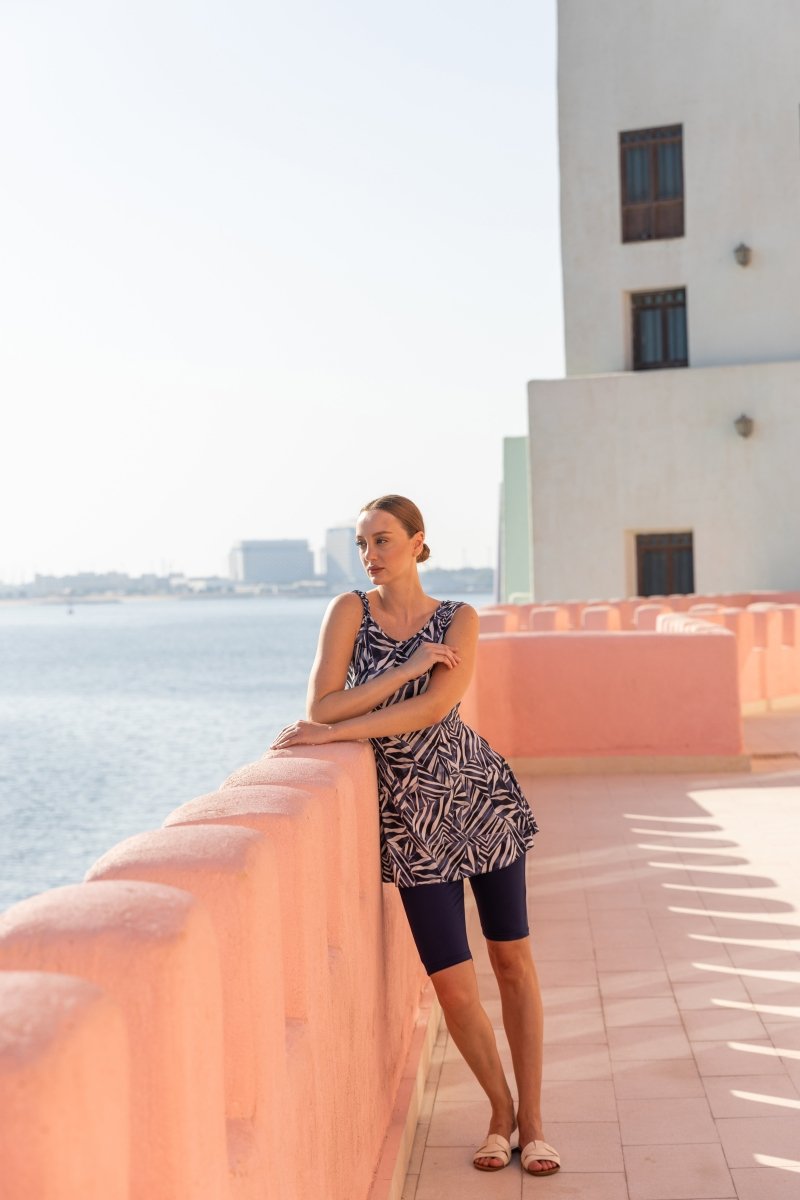 Alfasa Sevina Patterned Sleeveless Semi - Closed Swimsuit with Leggings, Navy Blue 26805 - 26 - ihvan