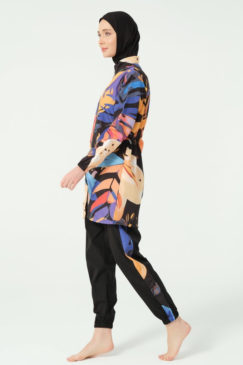 Alfasa Sienna Patterned Full Coverage Hijab Swimsuit Long Sleeved Zippered 25279 - 26 Black - ihvan