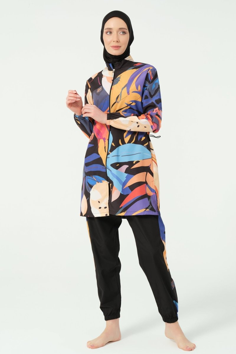 Alfasa Sienna Patterned Full Coverage Hijab Swimsuit Long Sleeved Zippered 25279 - 26 Black - ihvan