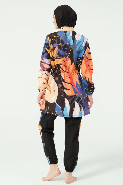 Alfasa Sienna Patterned Full Coverage Hijab Swimsuit Long Sleeved Zippered 25279 - 26 Black - ihvan