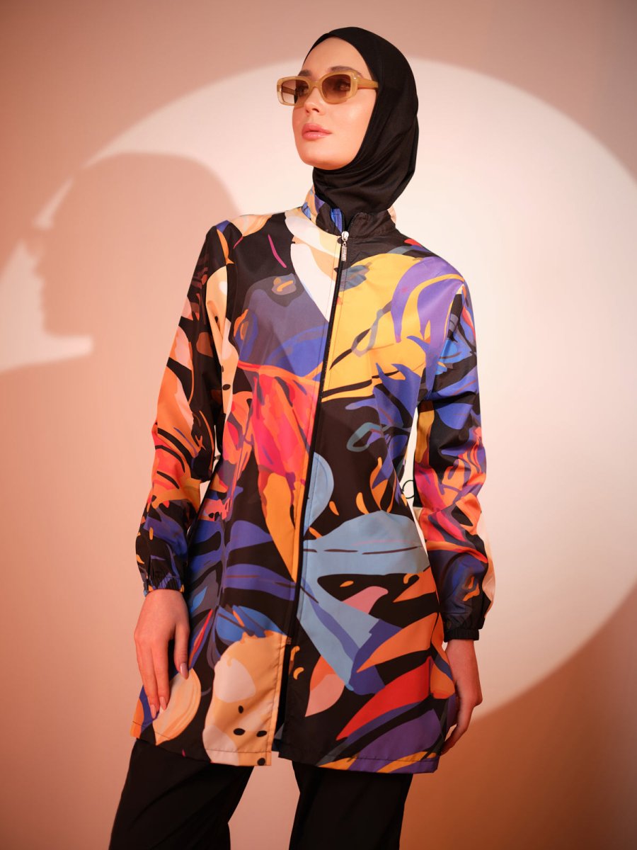 Alfasa Sienna Patterned Full Coverage Hijab Swimsuit Long Sleeved Zippered 25279 - 26 Black - ihvan
