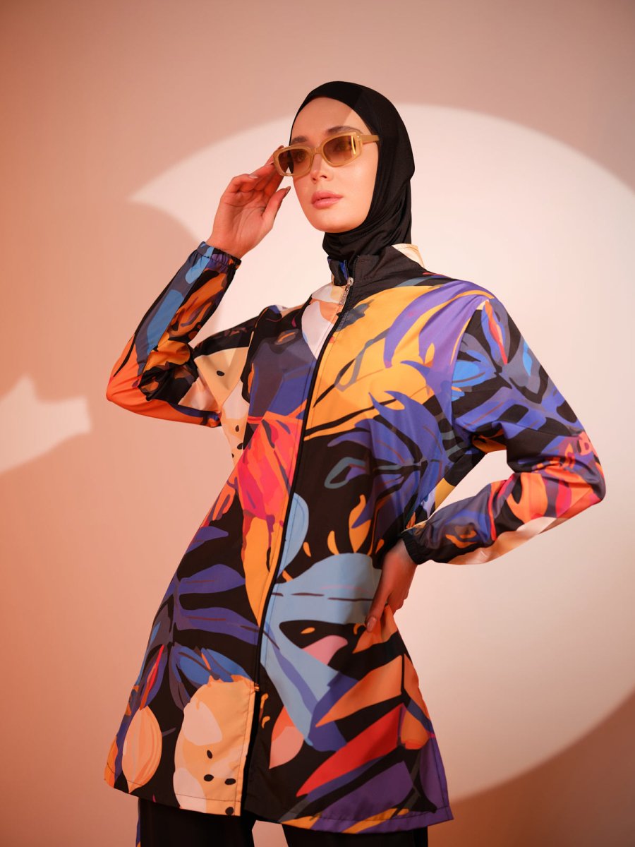 Alfasa Sienna Patterned Full Coverage Hijab Swimsuit Long Sleeved Zippered 25279 - 26 Black - ihvan
