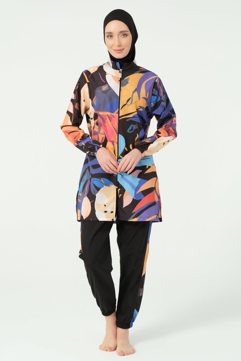 Alfasa Sienna Patterned Full Coverage Hijab Swimsuit Long Sleeved Zippered 25279 - 26 Black - ihvan