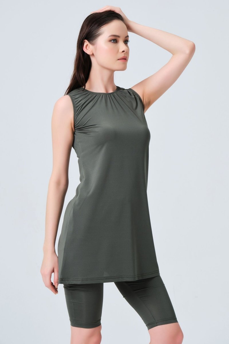 Alfasa Sleeveless Knee - High Leggings Semi - Closed Swimsuit 21800 - 23 Khaki - ihvan