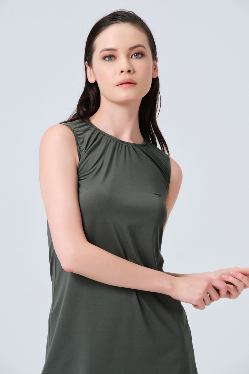 Alfasa Sleeveless Knee - High Leggings Semi - Closed Swimsuit 21800 - 23 Khaki - ihvan