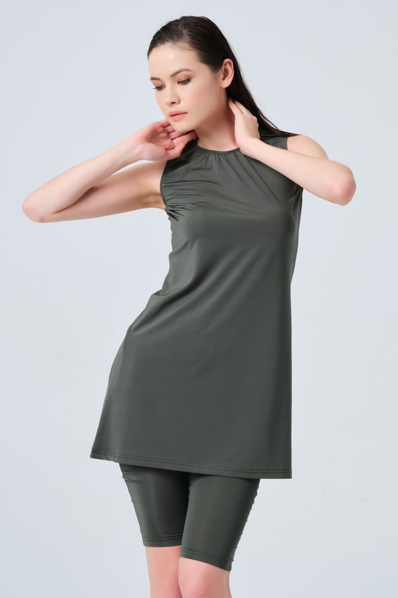 Alfasa Sleeveless Knee - High Leggings Semi - Closed Swimsuit 21800 - 23 Khaki - ihvan